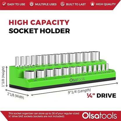 Olsa Tools Magnetic Socket Organizer | 1/4-inch Drive | SAE | Green | Holds 26 Sockets | Professional Quality Tools Organizer