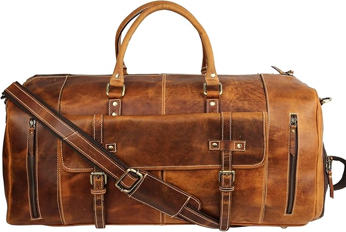 KomalC Leather Duffel Bags for Men and Women Full Grain Leather Travel Overnight Weekend Leather Bags Sports Gym Duffel for Men (Tan, 24 Inch)
