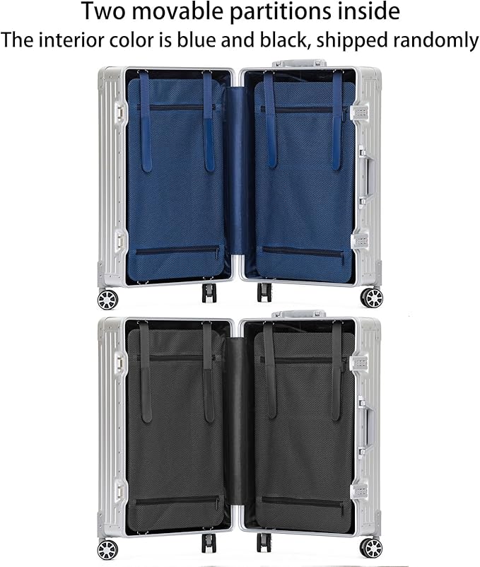 Metal All Aluminum Carry-on Luggage TSA Customs Lock Zipperless Silent Rotary Wheel Business Suitcase Aluminum Frame Set (black, 2Piece(20/26))