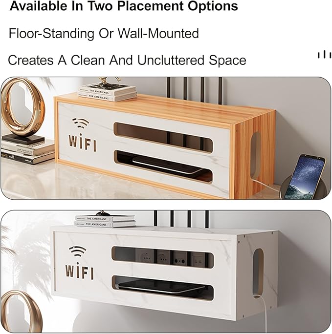 Wall Mount WiFi Router Box, WiFi Router Storage Cabinet, Power Strip and Cable Management Hider Rack, Invisible Storage, for Living Room, Office, Bedroom(White)