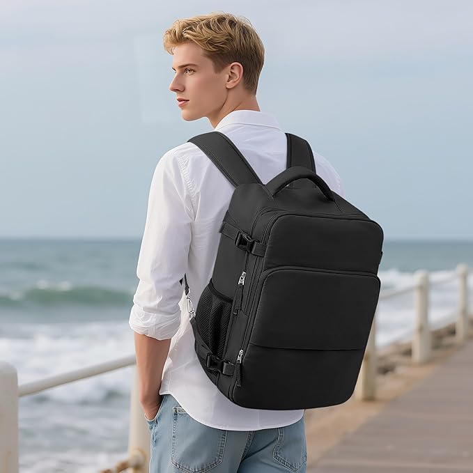 Travel Backpack, Carry on Flight approved Travel Bag with Multi-Pockets, Waterproof 17.3inch Laptop Backpack for Men Women, Black