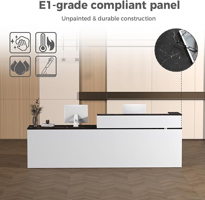 L Shape Reception Desk with Counter, Lockable Drawer, Keyboard Tray, and Double-Layer Storage for Salon, Office, or Clinic (White+Black/Left, 71" L*24" W*39" H)