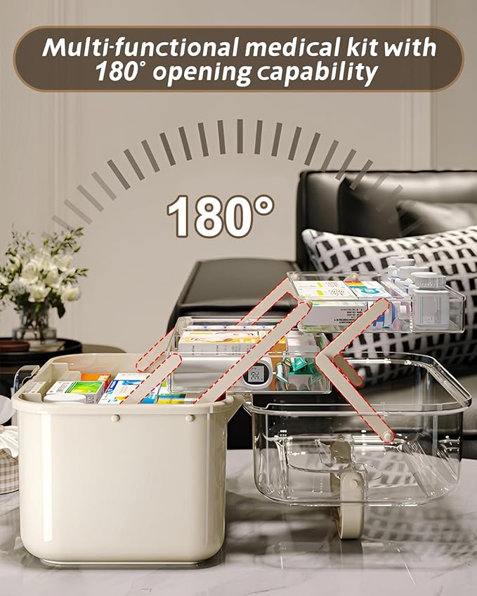 3-Tier Folding Medicine Cabinet Organizer with Handle, Clear Portable Medicine Storage Box for Home, Multifunctional First Aid Caddy with Secure Latches, Large Capacity Medical Supply Organizer