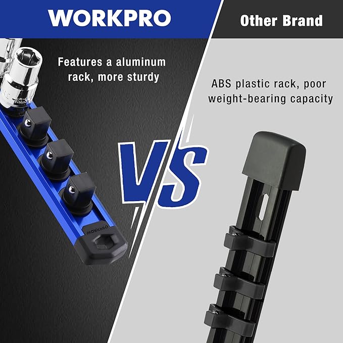 WORKPRO Magnetic Socket Organizer, 3/8-Inch Drive Aluminum Alloy Socket Rail, Heavy Duty Socket Holder, Socket Rack Kit 3/8-Inch x 10 Clips (Blue)