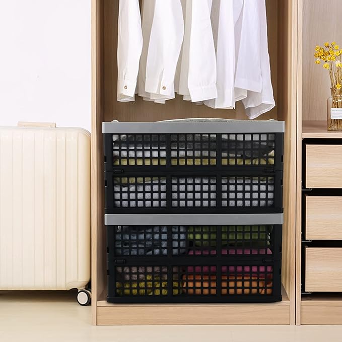 Anbers 42 L Plastic Collapsible Storage Crate, Folding Milk Crate Storage Bins, 4 Packs