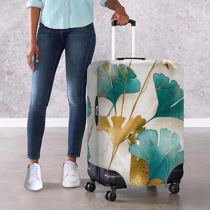 Gold Ginkgo Biloba Leaf Travel Luggage Cover Elastic Baggage Protector for Women Girls,Fits 22-25 Inch Washable Suitcase Covers