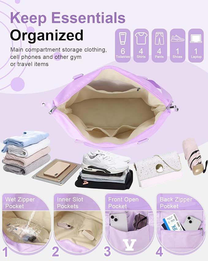 Daughter Niece Gifts for Teen Girl Kids, Initial Travel Duffel Bag Sports Gym Bag Personalized Gifts Weekender Bag，Monogram Overnight Bag Cute Dance Bag Birthday Bridesmaid Gifts for Women(Purple, V)