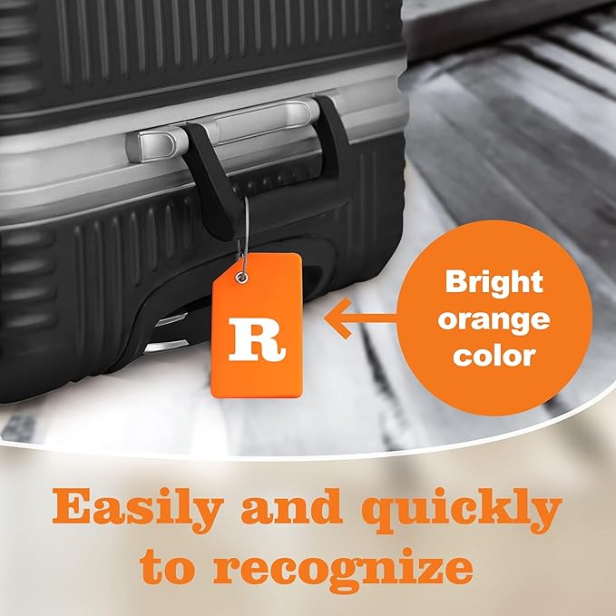 8 Pcs Luggage Tags for Suitcases, 26 Initial Letter Travel Luggage Baggage Identification Labels ID Tags Fully Bendable Tags with Stainless Steel Loop (Letter R, Colorful)