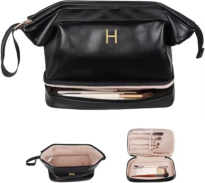 Gifts for Girls, Initial Large Makeup Bag, Personalized Double Layer Cosmetic Bag with Makeup Brush Organizer, PU Leather Travel Toiletry Bag Gift For Daughter, Preppy Things For Girls