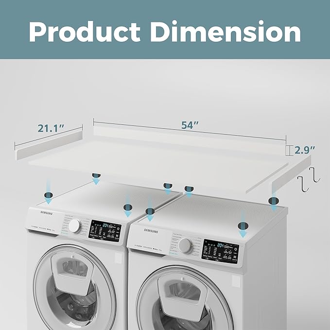 Washer Dryer Countertop, Wood Countertop with Edge Rails for Laundry Room Organization and Storage, Washer Dryer Topper for Laundry Room, 27.5" x 54" (White)