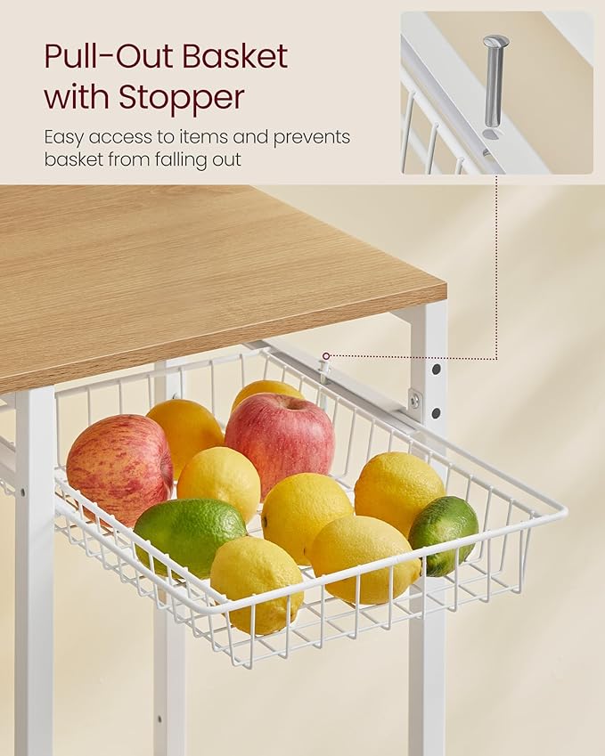 VASAGLE Bakers Rack with Power Outlet, 35.4 Inches Microwave Stand, Coffee Bar, 4 AC Outlets, with Adjustable Shelves, 8 S-Hooks, Basket, Spice Racks, Golden Oak and Cloud White UKKS031Y09