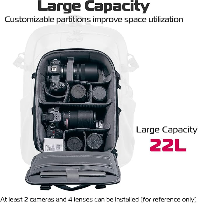 ULANZI Camera Backpack Professional Bag, Water-Resistant Photography Camera Case Anti Theft Travel for Photographers DSLR Mirrorless Camera Lens Tripod Holder 16" Laptop Black 22L