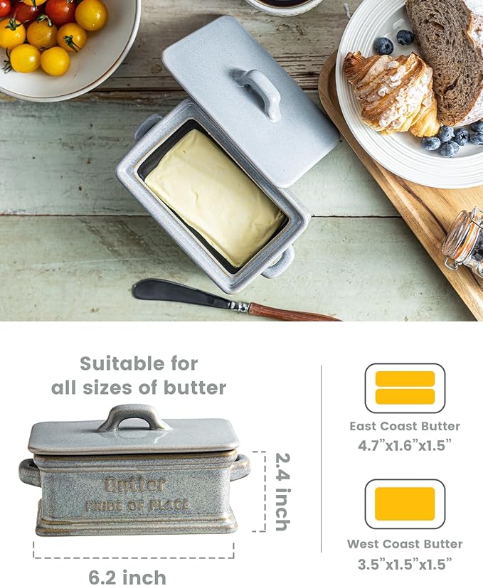Butter Dish with Lid, Ceramic Butter Holder Container Large Butter Dish for Countertop Farmhouse Thanksgiving Christmas Decor Butter Keeper for East West Coast Butter, Gray