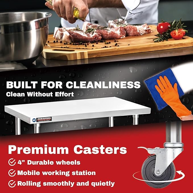 DuraSteel 24x48 NSF Stainless Steel Cart Work Table - Heavy Duty Rolling Food Prep Table Countertop Island - Metal Utility Cart on Wheels Caster, Grill Stand Storage Outdoor Kitchen Tables Bar Top