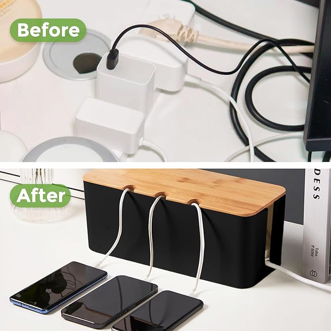 Cord Organizer Box Black 2 Pack, Wooden Cable Management Box with Cable Clip Holders and Reusable Cable Ties, Cord Management Box Cable Organizer Box with Bamboo Lid for Power Strip Extension Cord