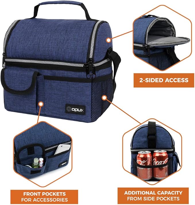 OPUX Lunch Box for Men, Adult Lunch Box Cooler, Insulated Lunch Bag Women, Dual Compartment Lunchbox for Work, Leakproof Double Decker Lunch Bag, Soft Lunch Pail Tote Boys Girls Kids School, Navy Blue