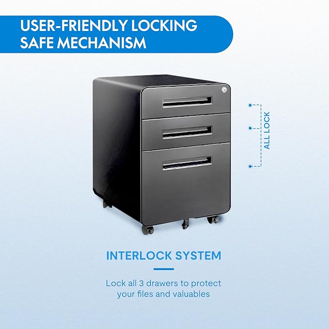 FLEXISPOT Metal File Cabinet for Home Office Mobile File Cabinet with Lock 3 Drawer Filing Cabinets for Legal/Letter/A4 File, Round Corner Design,Black