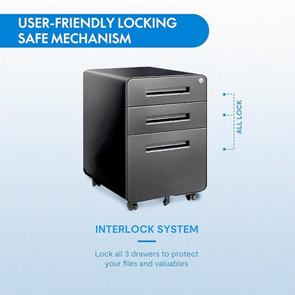 FLEXISPOT Metal File Cabinet for Home Office Mobile File Cabinet with Lock 3 Drawer Filing Cabinets for Legal/Letter/A4 File, Round Corner Design,Black