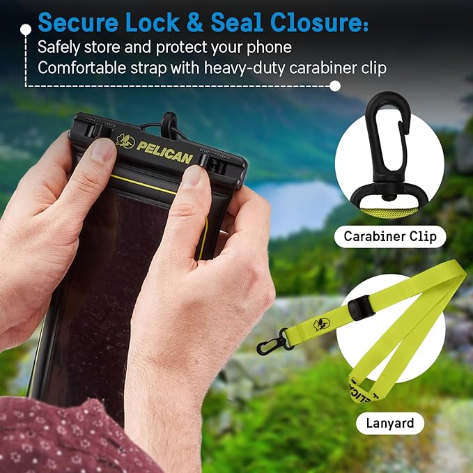 Pelican Marine - IP68 Waterproof Phone Pouch (Regular Size) Floating Waterproof Phone Case - Beach Cruise Ship Travel Essentials - Works with All Phones - Detachable Lanyard - Black/Hi-Vis Yellow