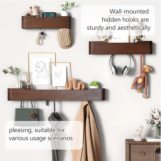 Coat Rack Wall Mount with Hidden Hooks Modern Key Holder Wood Entryway Hook with Shelf for Bedroom Kitchen Hallway Bathroom Designed for Hanging Coats Hats Bags Towel Dog Leashe(Walnut,8 Hooks)