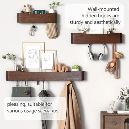 Coat Rack Wall Mount with Hidden Hooks Modern Key Holder Wood Entryway Hook with Shelf for Bedroom Kitchen Hallway Bathroom Designed for Hanging Coats Hats Bags Towel Dog Leashe(Walnut,8 Hooks)
