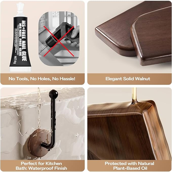 Adhesive Hat Holder Storage Organizer - Wall Mounted & Door Back Hat Rack with Wood Base & Metal Rod for Closet, Cabinet, Wardrobe (Black)