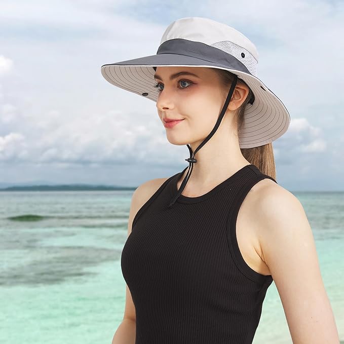 NPQQUAN Ponytail Sun Bucket Hats for Women Men Wide Brim UPF 50+ Fishing & Beach Hats
