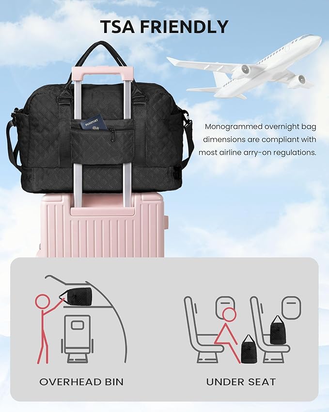 Initial Duffle Bag with Shoe Compartment, Personalized Weekender Bag, Monogram Overnight Bag for Women with Trolley Sleeve & Wet Pocket, Letter Travel Bag with Makeup Bag (Letter J), Black