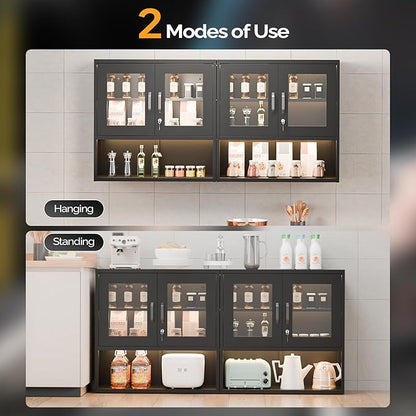 VINGLI Metal Wall Cabinet with Locking Glass Doors & Magnetic LED Sensor Light, Adjustable Shelf, Wall Mounted Storage Display Cabinets for Garage, Kitchen, Home Office, Warehouse, Living Room, Black