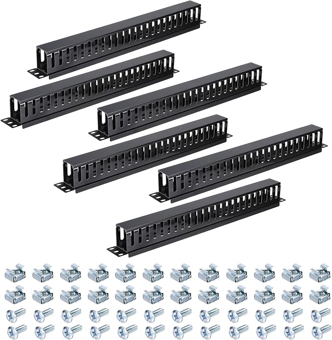 PATIKIL 1U 19 Inch Cable Manager, 6 Pack 24 Slot Horizontal Rack Mount Wire Management Metal Finger Duct Wire Organizer for Network Cabinet, Black