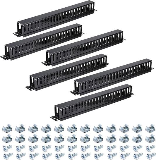 PATIKIL 1U 19 Inch Cable Manager, 6 Pack 24 Slot Horizontal Rack Mount Wire Management Metal Finger Duct Wire Organizer for Network Cabinet, Black