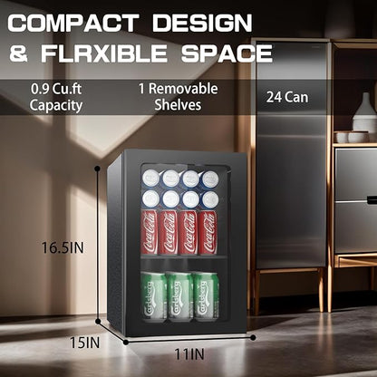 0.9 Cubic Feet Mini Fridge,24 Can Freestanding Beverage Refrigerator with Glass Front Door for Soda, Beer Under Counter Small Refrigerator with Adjustable Shelves(Black)