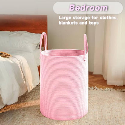 Large Woven Laundry Basket Hamper,100L Cotton Rope Storage Bin for Blankets,Toys and Clothes,Decorative Tall Nursery Hamper for Living Room,Baby Nursery,Bathroom and Bedroom,Pink