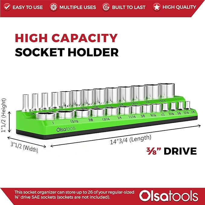 Olsa Tools Magnetic Socket Organizer | 3/8-inch Drive | SAE | Green | Holds 26 Sockets | Professional Quality Tools Organizer
