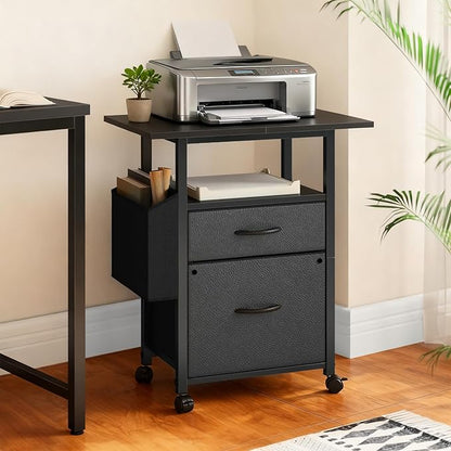 GYIIYUO 2 Drawer File Cabinet with 24'' Extended Desktop, Mobile Filing Cabinet, Rolling File Cabinet with Side Bag, Fabric Drawer, Fits A4/Letter Size, Printer Stand Home Office, Black