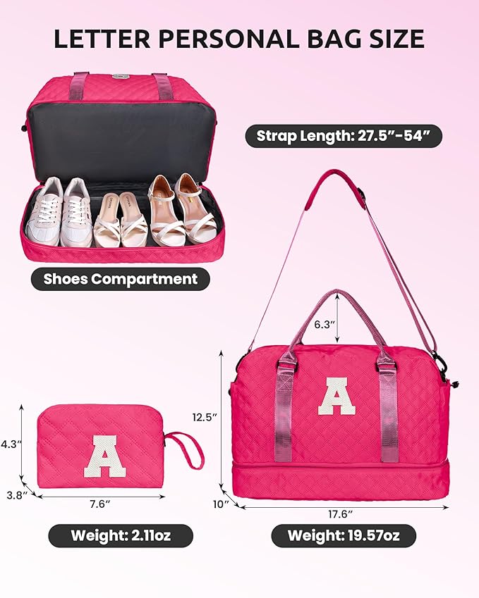 Monogrammed Gift for Woman, Gifts for Women-Initial Travel Bag with Shoe Compartment, Personalized Weekender Bag, Monogram Overnight Bag for Women, Travel Bag with Makeup Bag (Letter I)