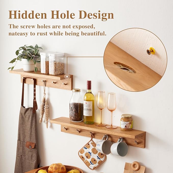 Oak Wood Coat Rack Wall Mount With Shelf 20 Inch Long, 5 Hooks, Floating Entryway Wall Shelf for Bathroom, Hallway, Living Room