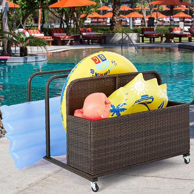 Poolside Float Storage Organizer, Outdoor Wicker Rattan Pool Float Holder Storage Rack for Basket Box Patio Pool Storage Caddy with Rolling Wheels for Pool Toy Noodles Equipment Accessroies Espresso