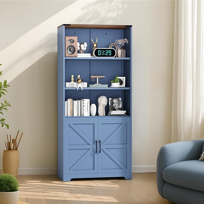 VINGLI Blue Bookcase with Doors and Adjustable Shelves, Steel 70" Tall Bookshelf Display Cabinet, 6-Tier Tall Farmhouse Metal Storage Cabinet for Study, Living Room, Home Office, Kitchen Pantry