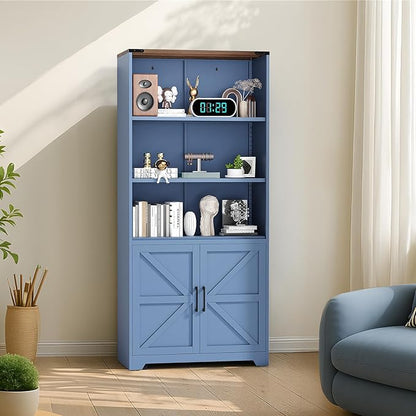 VINGLI Blue Bookcase with Doors and Adjustable Shelves, Steel 70" Tall Bookshelf Display Cabinet, 6-Tier Tall Farmhouse Metal Storage Cabinet for Study, Living Room, Home Office, Kitchen Pantry