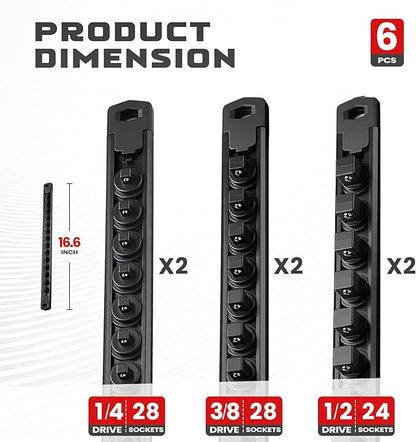 ALOANES 6-Piece Magnetic Socket Organizer, Heavy Duty Aluminum Socket Rails Organizer, 360° Swivel Clips Socket Holder Kit for Tool Box, 1/2, 3/8, 1/4-Inch Socket Holder x 80 Clips (Black)