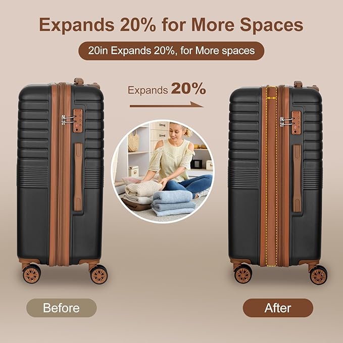 Romswi Luggage Sets 2 Piece 22In, Expandable 22x14x9 Carry On Luggage with Travel Backpack, PC+ABS Hardside Suitcase Set with TSA Lock, Durable Carry On Suitcase with Spinner Wheels for Men Black
