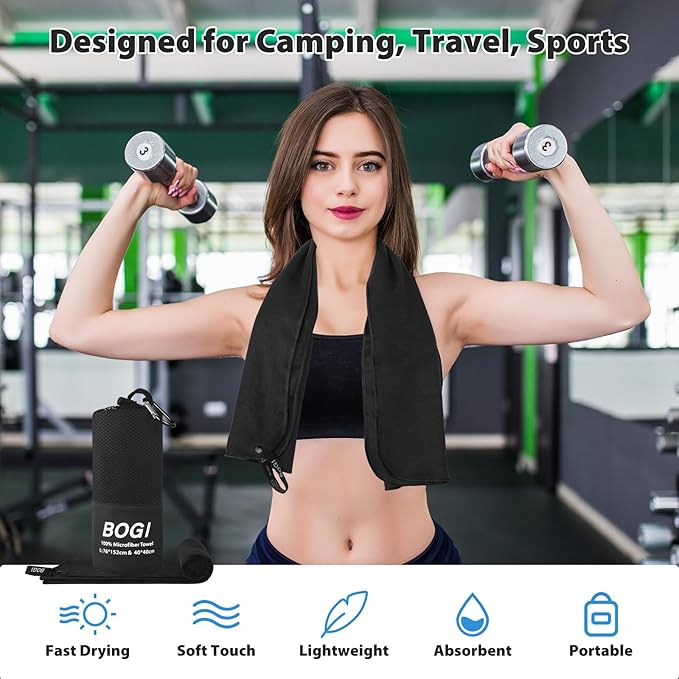 BOGI Microfiber Travel Sports Towel-Quick Dry Soft Lightweight Absorbent Compact for Camping Gym Beach Bath Yoga Swimming Backpacking (M:40''x20''-Black)