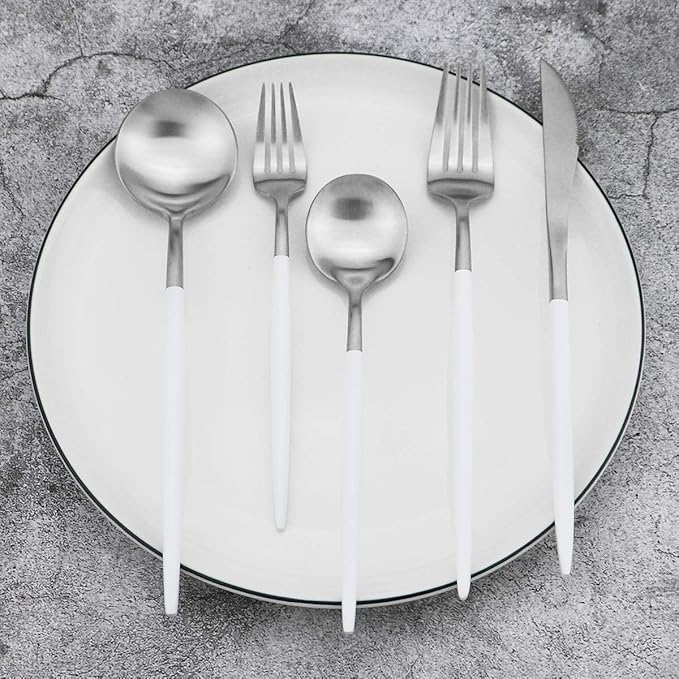 Gugrida 20-Piece 18/10 Stainless Steel Flatware Silverware, Luxury Dinnerware Set Travel Cutlery Tableware Include Knife Fork Spoon Service for 4, Dishwasher Safe (White Handle Matte Silver)