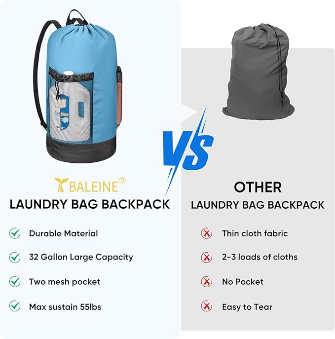 BALEINE 150L Laundry Bag Backpack, 900D Oxford Fabric Large Travel Laundry Bags with Shoulder Straps and 2 Mesh Pockets for College Dorm, Apartment, Laundromat (Blue, 150L)