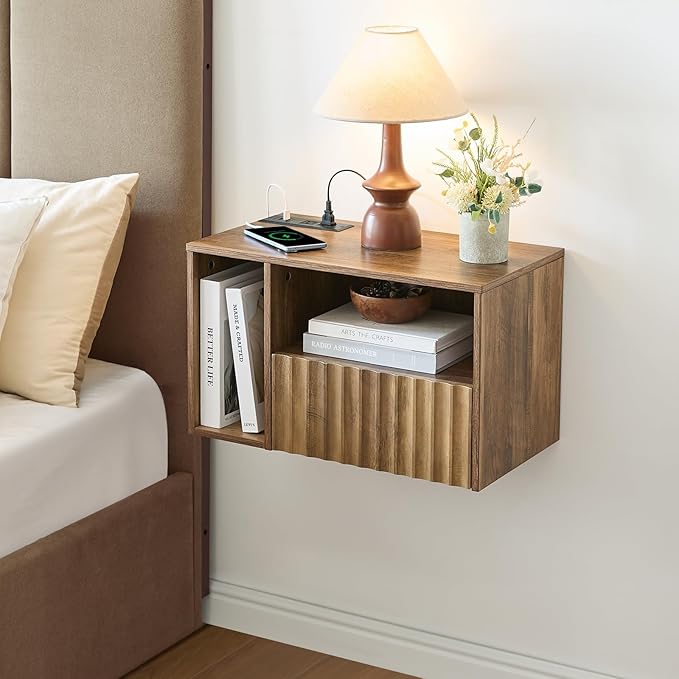 Modern Rustic Brown Fluted Floating Nightstand with Charging Station, NightStand with Drawers, Bedside with USB Ports and Outlets, Bedroom Furniture (Left)