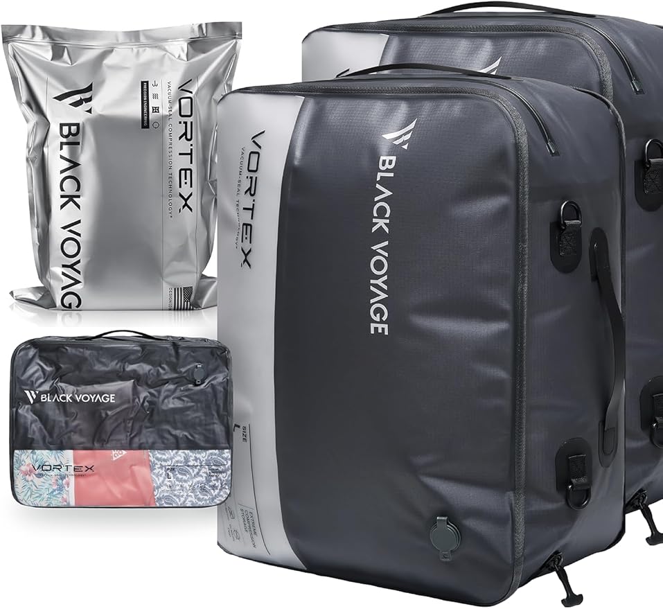 Black Voyage Reusable Vacuum Compression Travel Bag for Carry-On Suitcase and Backpack, Recycled IP67 Waterproof Space Saver Vacpack (2-Pack, 41L - No Pump)