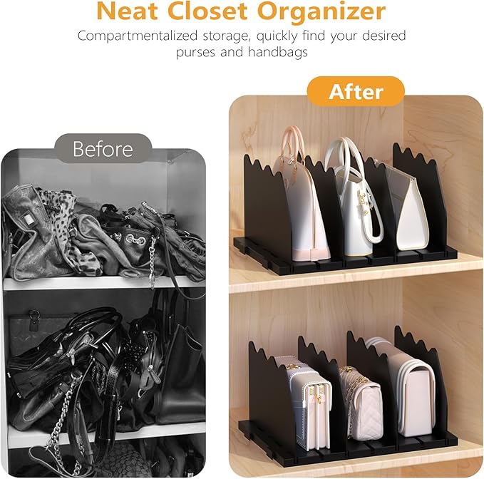 Ronlap Purse Storage Organizer for Closet, Black Closet Bag Storage Dividers Rack Shelf Purse Dividers for Closet Organization Handbag Separators Closet Purse Organizers and Storage, 2 Pack, Black