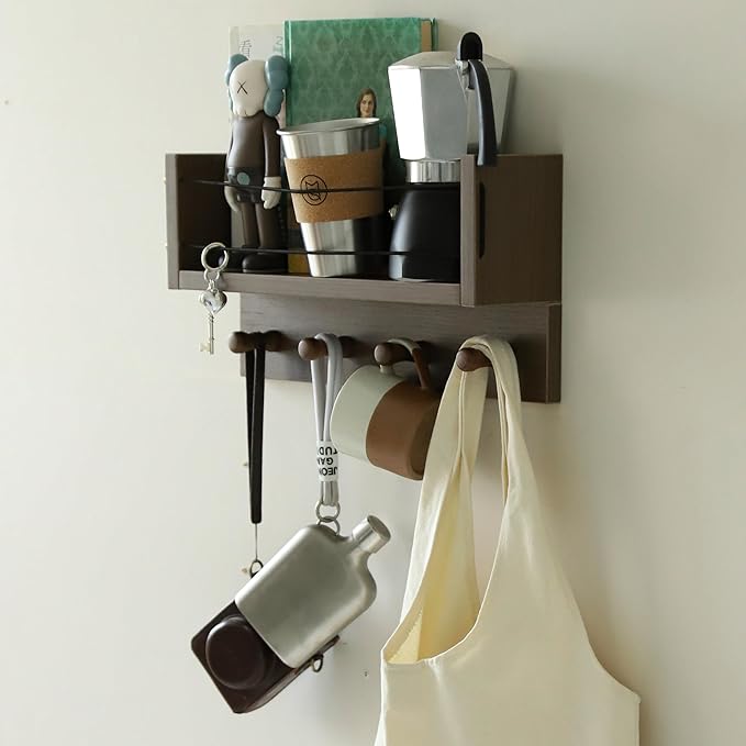 Entrance Coat Rack ，Coat Hooks, Wall-Mounted Wooden Hook Rack, Wall-Mounted Shelves are Very Suitable (Walnut Colored Finish-A)
