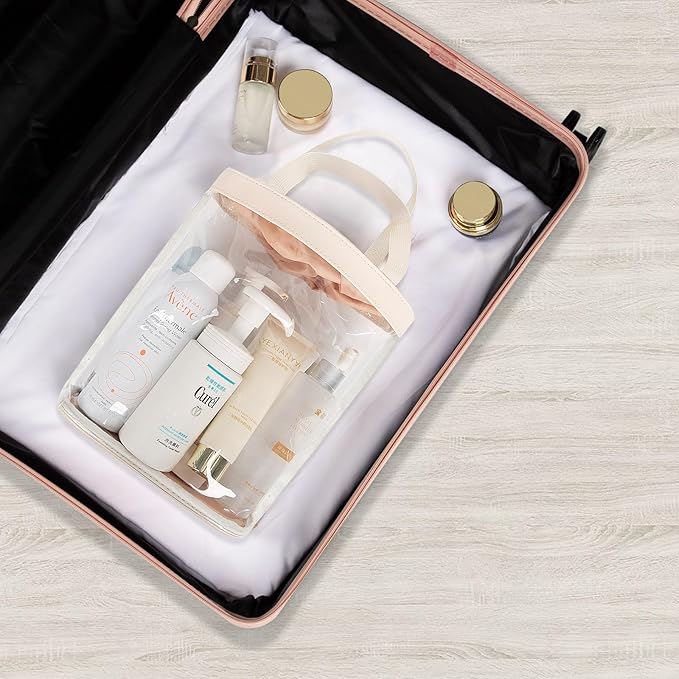 Travel Toiletry Bag, Clear Makeup Bag for Women, TSA Approved Toiletry Bag, Waterproof Clear Bag Cosmetic Pouch, Transparent Makeup Organizer, Carry on Airport Airline Compliant, Beige
